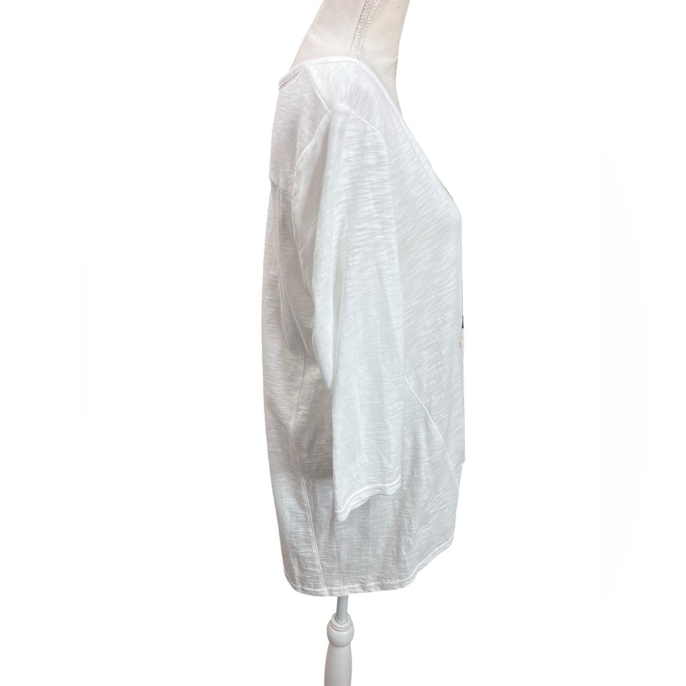 Chico’s Beaded Floral Appliqué Top Size M White Cotton Modal 3/4 Sleeve Boho Tee - Picture 5 of 10